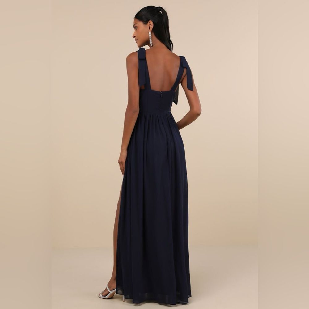 NWT Lulus Radiant Charisma Navy Chiffon Ruched Tie-Strap Maxi Dress Bridesmaid M - Picture 3 of 11